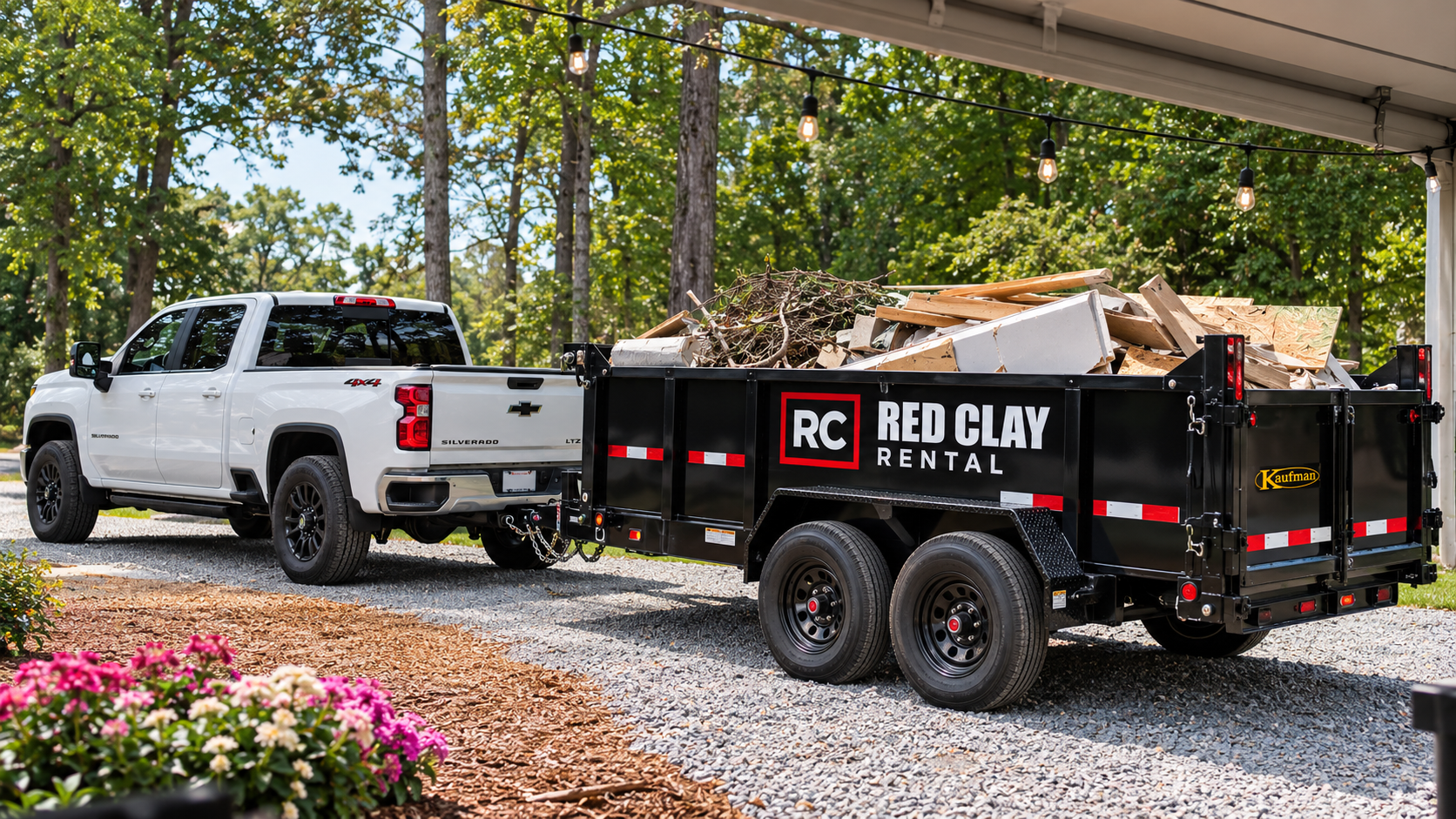 Red Clay Rental branded dump trailer with debris, attached to a white Chevrolet pickup