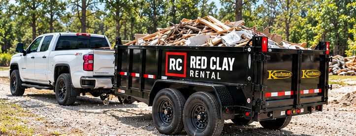 Black dump trailer with Red Clay Rental concept branding hauling construction debris